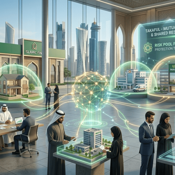 A cinematic scene showing Islamic insurance (Takaful) where people contribute to a shared protection fund that safeguards homes, vehicles, hospitals, and businesses through a cooperative risk-sharing system.