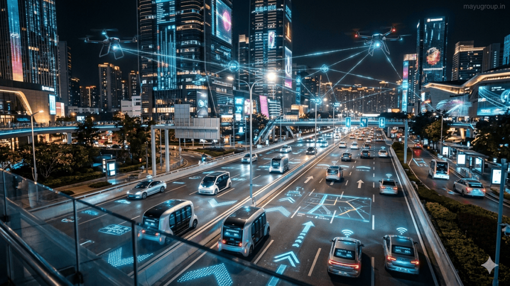 Autonomous Vehicle Investment. Futuristic smart city with autonomous electric vehicles driving through AI-controlled roads, digital traffic systems, and connected infrastructure at night.