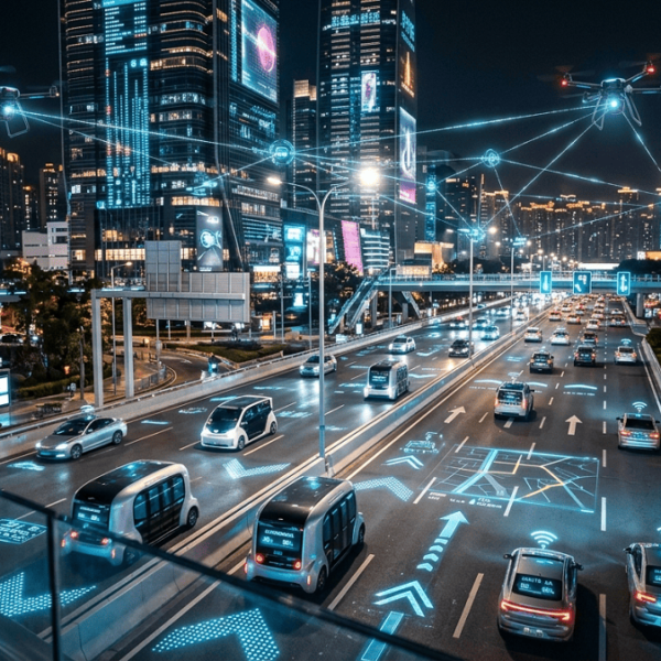 Autonomous Vehicle Investment. Futuristic smart city with autonomous electric vehicles driving through AI-controlled roads, digital traffic systems, and connected infrastructure at night.