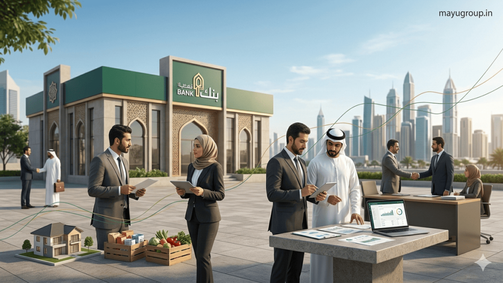 A cinematic scene of a modern Islamic bank with professionals discussing financial documents and digital devices, connected to real economic sectors like trade, real estate, and infrastructure in a growing city.