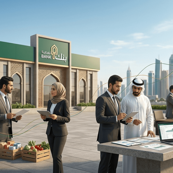 A cinematic scene of a modern Islamic bank with professionals discussing financial documents and digital devices, connected to real economic sectors like trade, real estate, and infrastructure in a growing city.