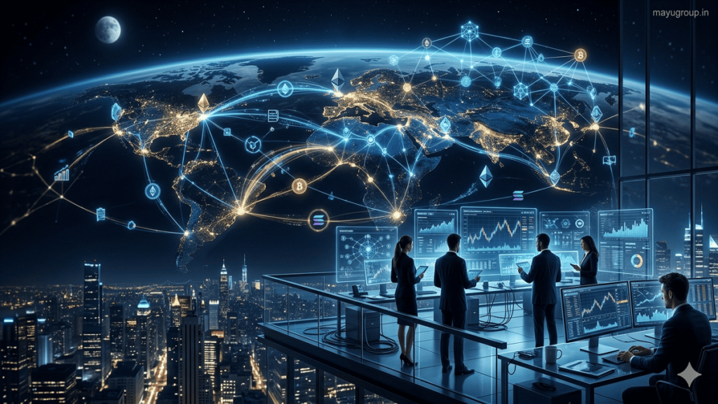 A futuristic digital scene showing blockchain networks connecting global cities with glowing financial data streams and investors analyzing DeFi dashboards.