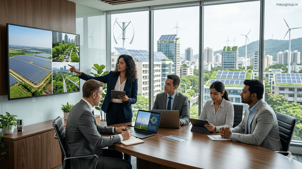 Business professionals reviewing sustainable investment portfolios in a modern financial office overlooking a city with renewable energy infrastructure and green developments.