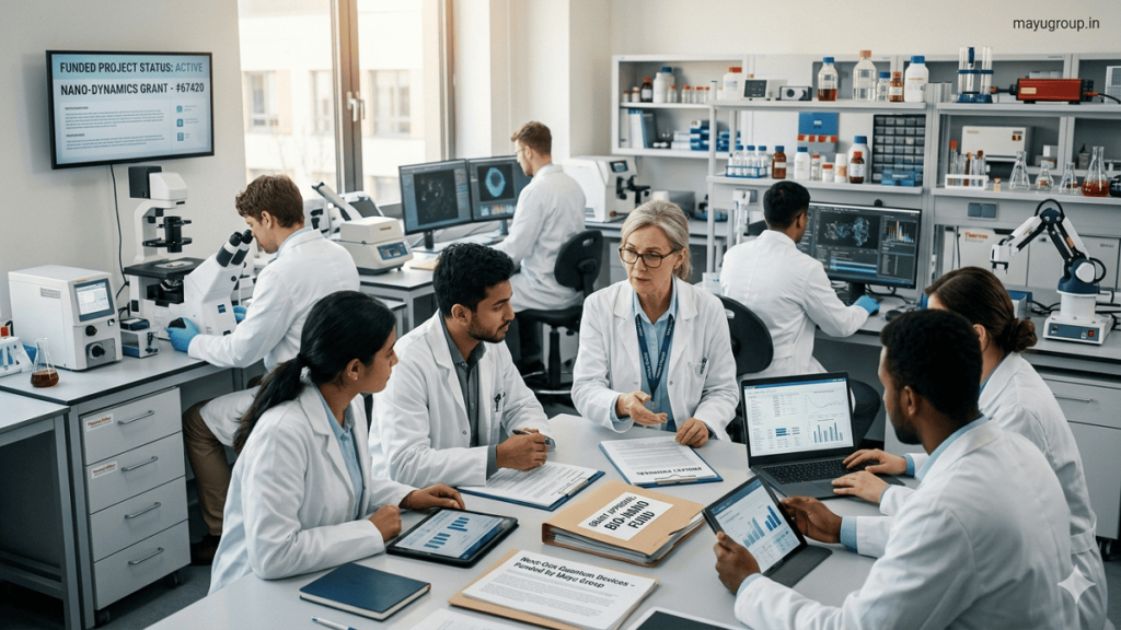 Scientists and PhD students working in a high-tech university laboratory, discussing research funding and analyzing data with lab equipment and digital screens.
