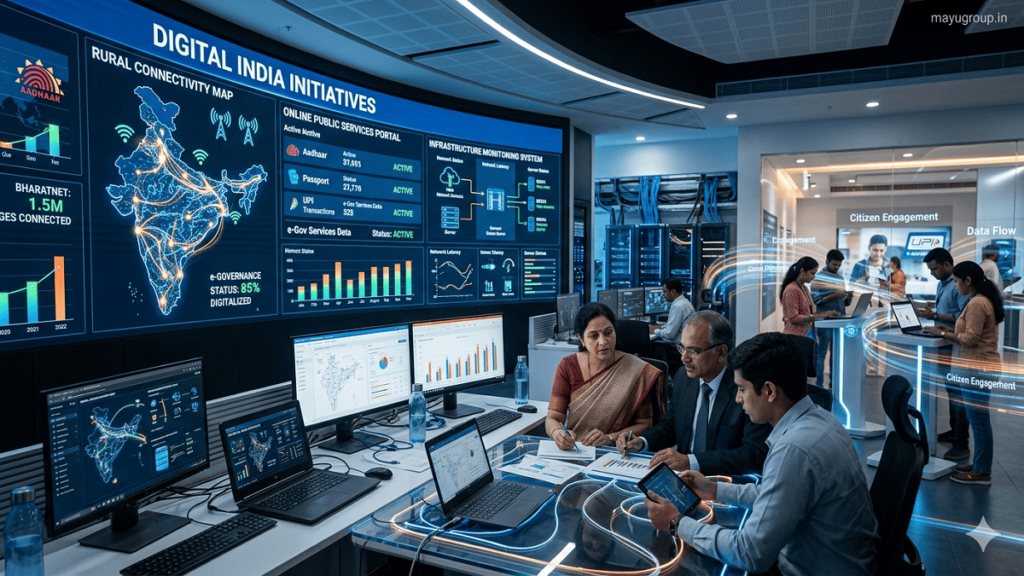 Digital India Grants. Government officials managing digital dashboards in a control room showing connectivity maps and e-governance systems with citizens accessing online services.