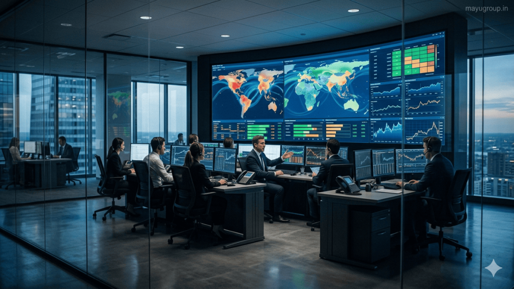A modern treasury control room with financial analysts monitoring global liquidity and cash flow on large digital screens.