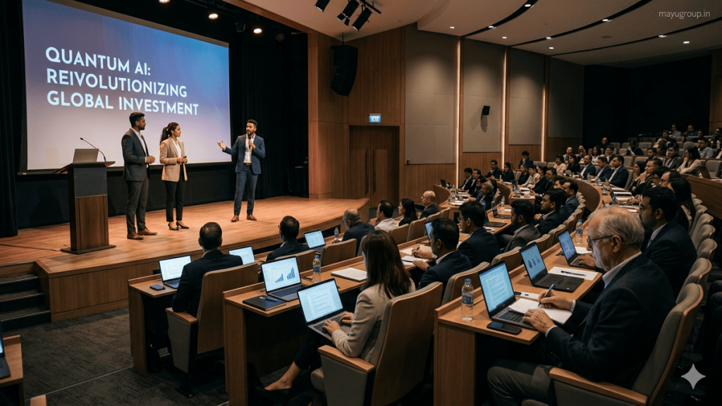 Investment Forums. A realistic indoor investment forum where entrepreneurs present a startup pitch to investors in a modern auditorium setting.