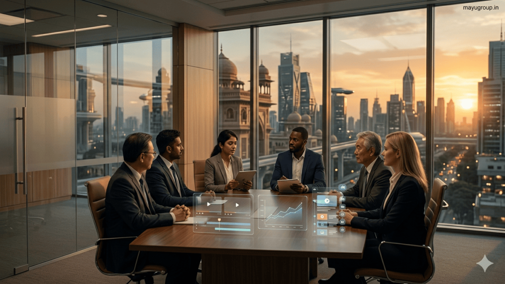 Creator Tools Funding. A modern venture capital meeting room with investors discussing creator economy growth, featuring holographic digital interfaces and a city skyline background.