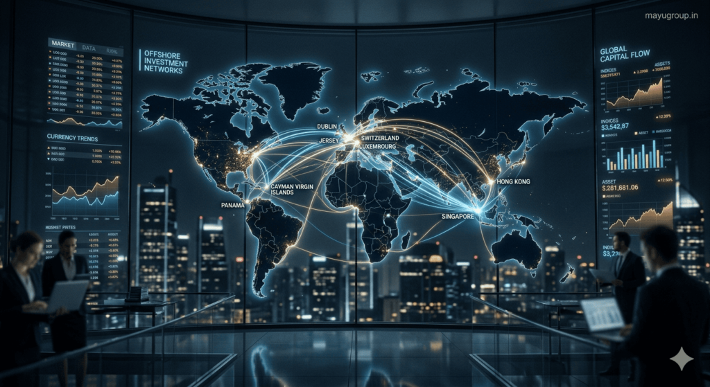 Cinematic view of a glowing world map showing financial connections between offshore investment hubs with futuristic data lines and corporate lighting.