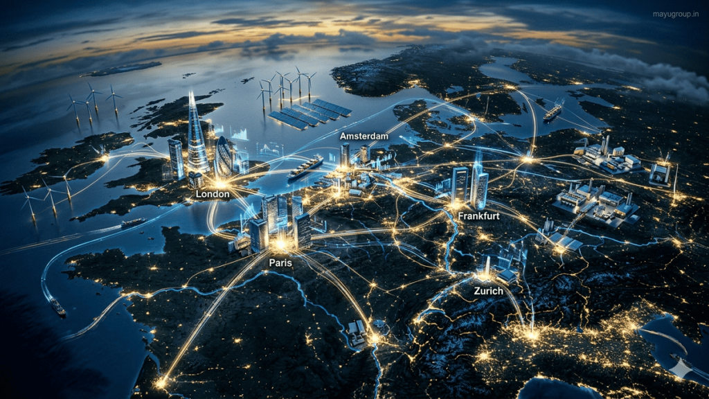 A cinematic 3D map of Europe showing glowing financial hubs like London, Paris, Frankfurt, and Amsterdam connected by investment flow lines, with skyscrapers, industries, and renewable energy infrastructure, and a small “mayugroup.in” watermark in the top-right corner.