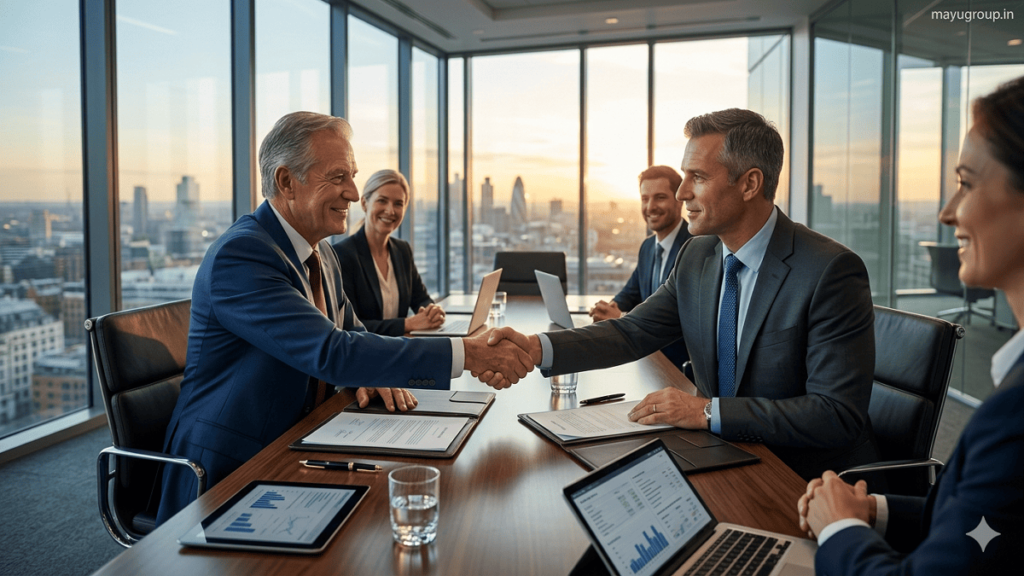 Senior executives from two multinational companies shaking hands after signing a mergers and acquisitions agreement in a modern boardroom with a city skyline visible in the background. Mergers & Acquisitions.