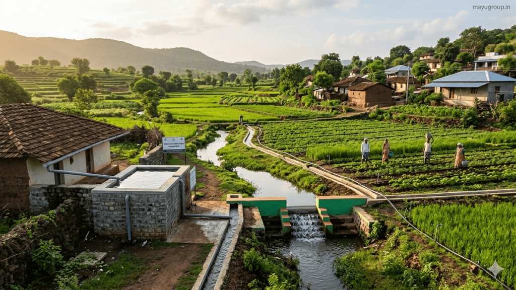 Water Conservation Funding. A rural village landscape with rainwater harvesting structures, drip irrigation systems, and green farmland with farmers working under natural light.