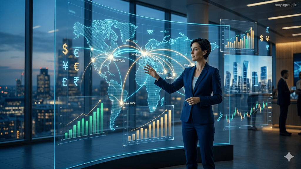 Global Investments. Professional business scene showing global financial connections, international markets, digital investment charts, and worldwide economic growth.