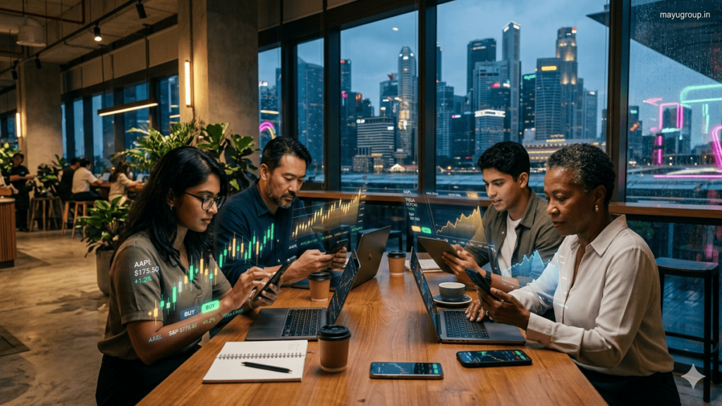 A cinematic scene of diverse retail investors using smartphones and laptops in a modern urban environment with holographic stock market data floating around them.