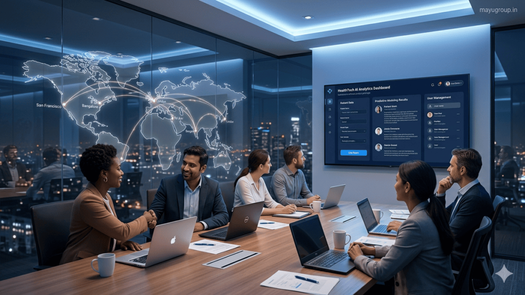 Global Angel Networks. Modern glass boardroom with investors reviewing a startup prototype on screen, global investment connections visible in background world map, watermark “mayugroup.in” in top right corner.