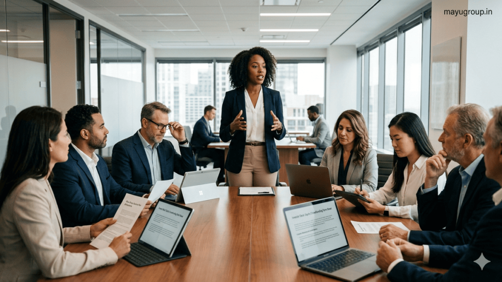 Startup founders presenting a business investment opportunity to investors through an equity crowdfunding platform in a professional business environment.