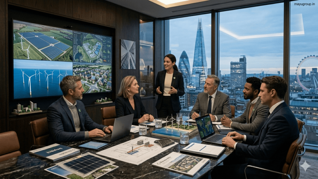 Impact investors discussing sustainable finance strategies with startup founders in a modern glass-walled boardroom with city skyline view