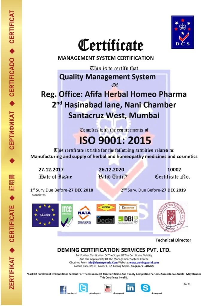 Management System Certificate issued by Deming Certification Services Pvt. Ltd. certifying Afifa Herbal Homeo Pharma in Santacruz West, Mumbai for Quality Management System compliance under ISO 9001:2015, featuring a gold margin on the left and various accreditation badges along the bottom.