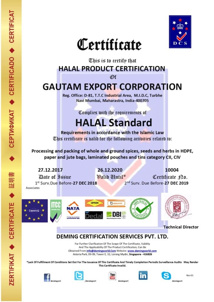Halal Product Certificate issued by Deming Certification Services Pvt. Ltd. certifying Gautam Export Corporation in Turbhe, Navi Mumbai for Halal Standard compliance under Islamic Law, featuring a green "100% Halal Certified" badge along the bottom and a vertical gold margin on the left.