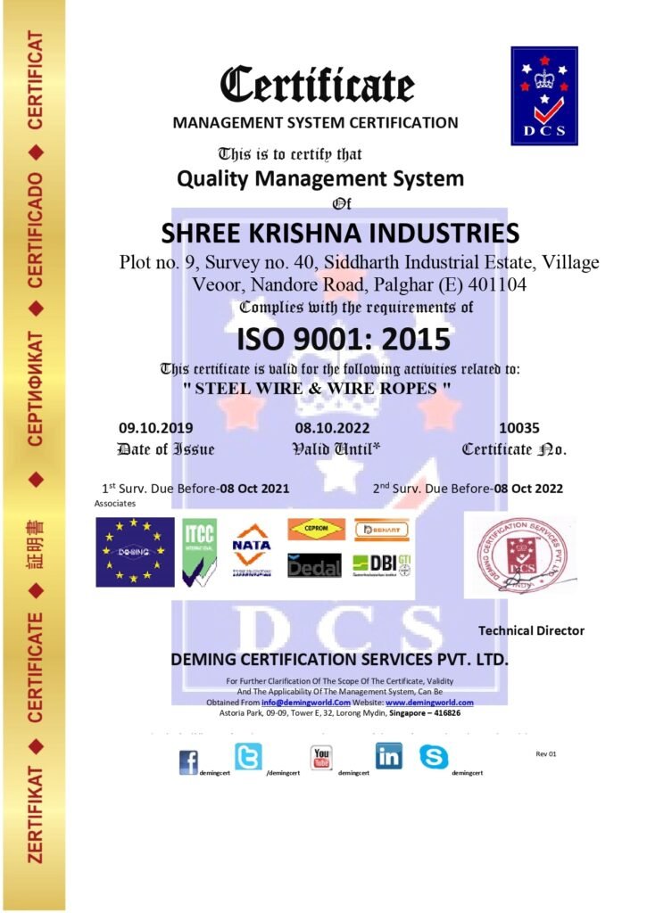 Management System Certificate issued by Deming Certification Services Pvt. Ltd. certifying Shree Krishna Industries in Palghar East for Quality Management System compliance under ISO 9001:2015, featuring a vertical gold margin on the left and international accreditation badges along the bottom.