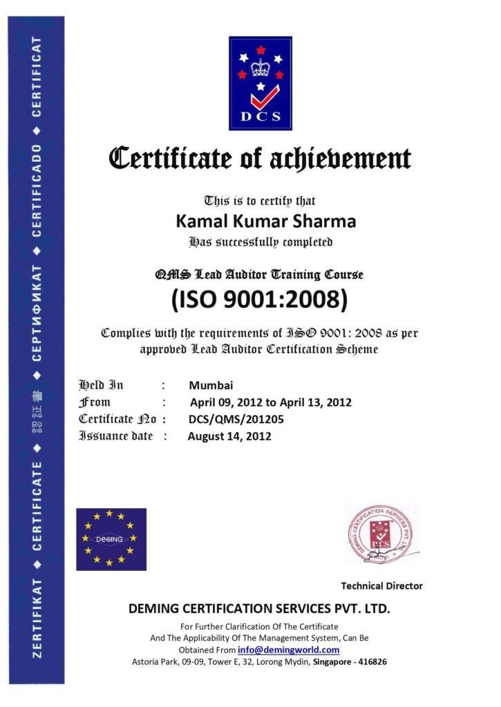 Certificate of Achievement issued by Deming Certification Services Pvt. Ltd. certifying Kamal Kumar Sharma for completing the QMS Lead Auditor Training Course (ISO 9001:2008) in Mumbai, featuring a blue vertical margin on the left and official stamps at the bottom.