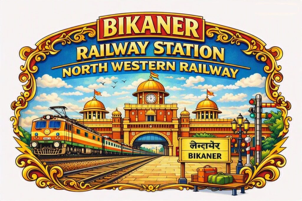 Bikaner Railway Station, North Western Railway Vintage-style illustrated emblem featuring an ornate golden frame around "BIKANER RAILWAY STATION NORTH WESTERN RAILWAY" with a yellow electric train, golden-domed heritage station facade, platform signpost, and luggage bench.