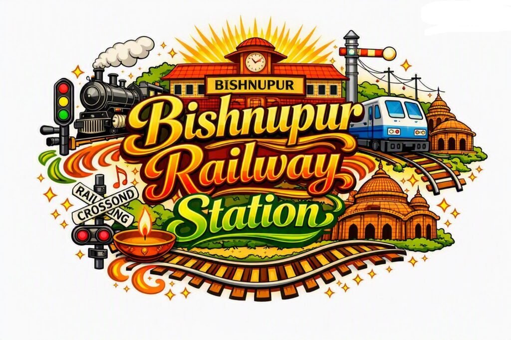 Illustrated graphic emblem for Bishnupur Railway Station featuring stacked 3D script typography surrounded by a vintage steam train, modern passenger train, terracotta temple architecture, railway tracks, and signal posts on a white background.