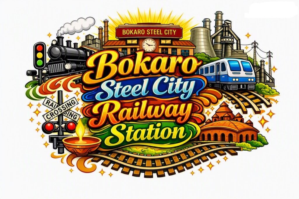 Bokaro Steel City Railway Station of the Vibrant stylized illustration featuring the bold text "Bokaro Steel City Railway Station" surrounded by steam and modern trains, industrial steel plant chimneys, railway tracks, a station building, and a traditional diya lamp.
