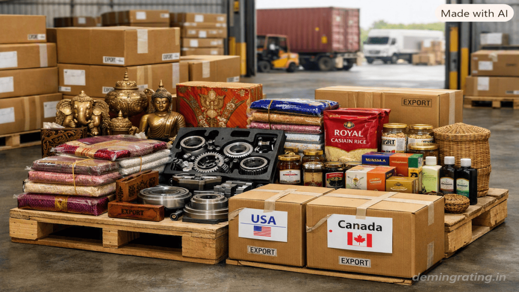 Indian products packaged and prepared for export to US and Canadian markets in a modern logistics warehouse.