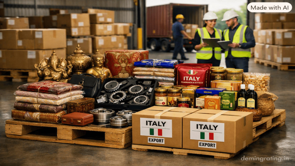 Indian products packaged and inspected for export to the Italian market in a modern warehouse.