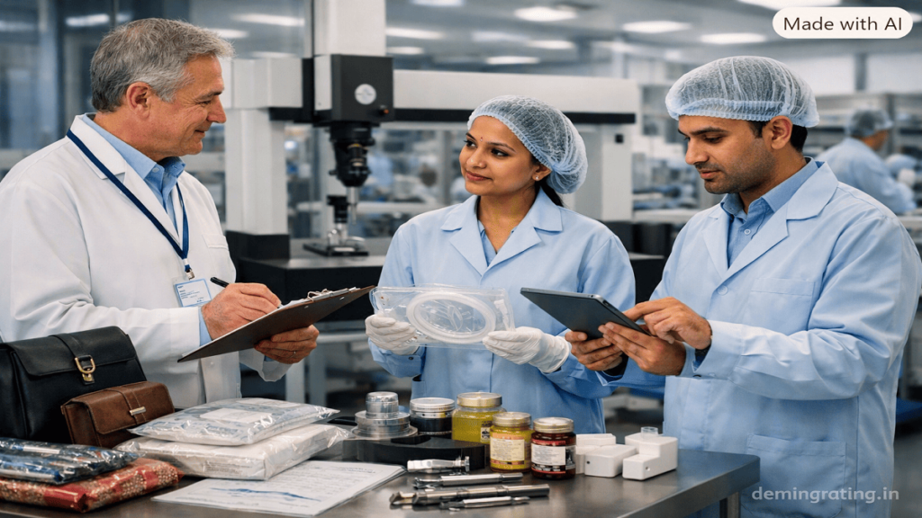 ISO 13485:2016 ISO auditor reviewing quality processes and medical device records with quality managers during a certification audit.