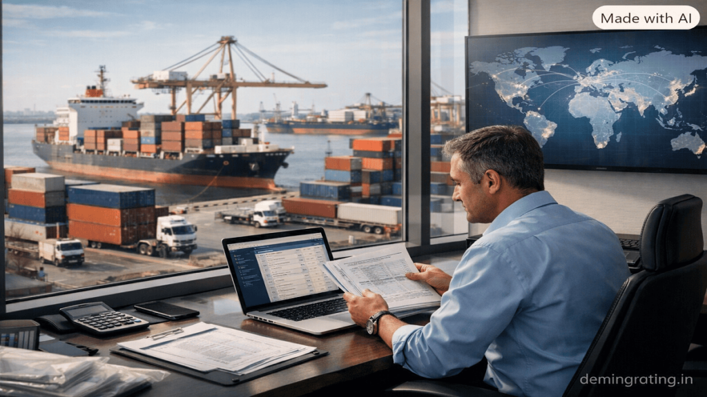 Export Management Services Logistics manager coordinating international trade shipments from a modern office overlooking a container port.