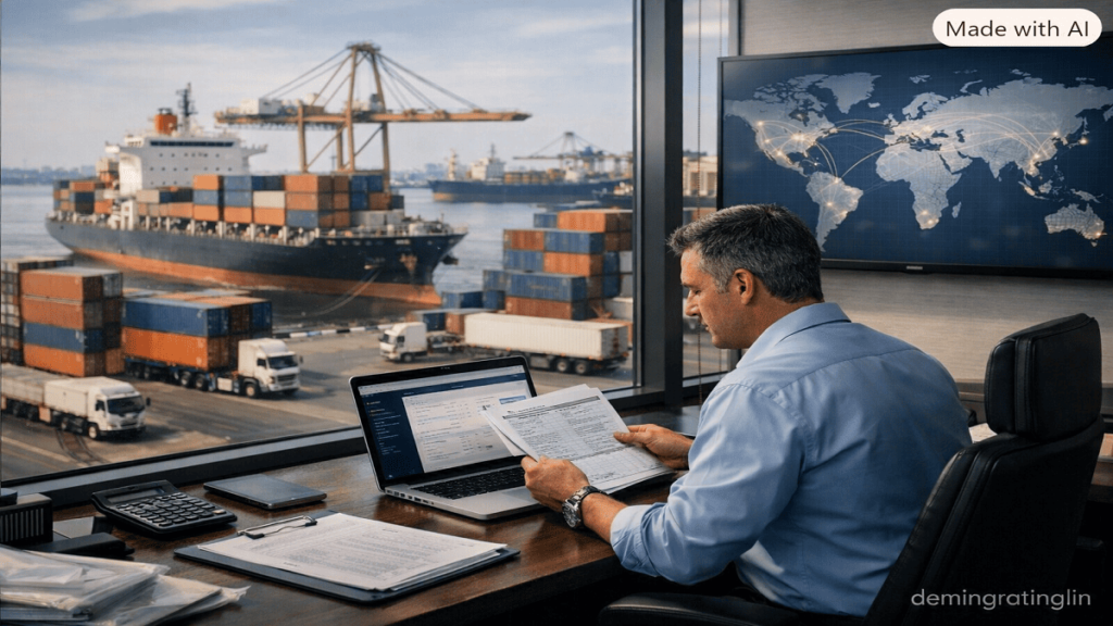 Export Strategy Development Logistics manager coordinating international trade shipments from a modern office overlooking a container port.