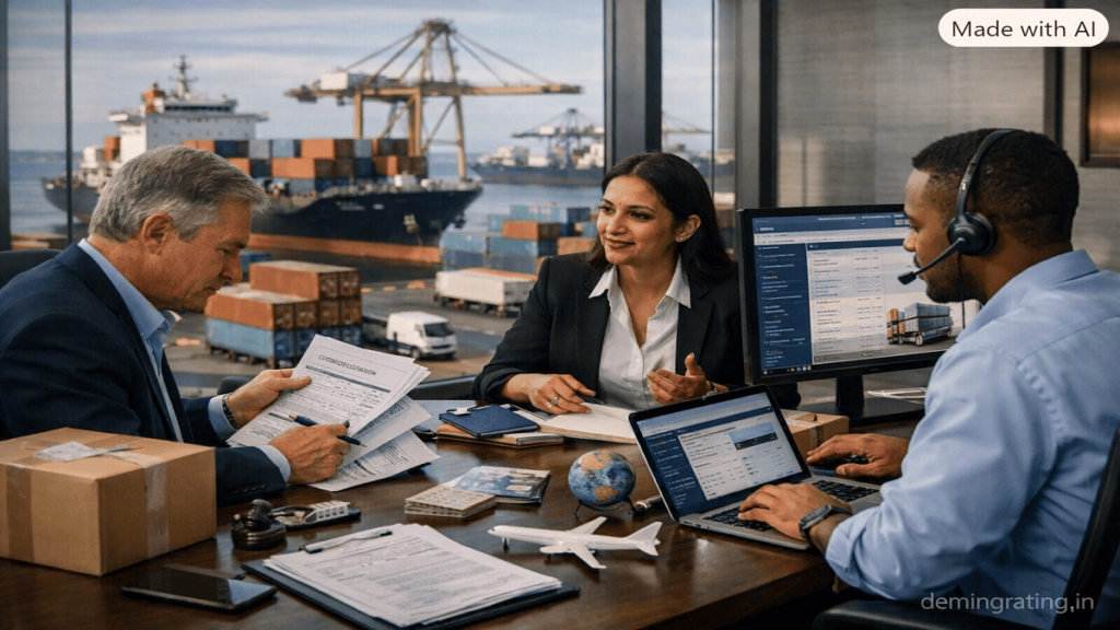 Comprehensive Export Management Logistics team coordinating export documentation, customs compliance, shipping, and international deliveries.