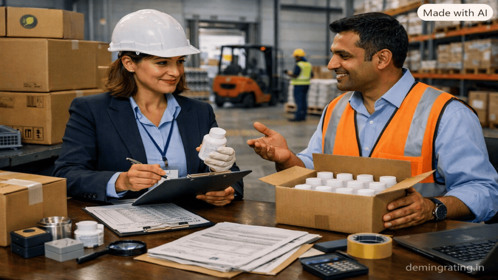 Regulatory Compliance Assistance Compliance specialist inspecting product packaging and documentation at a manufacturing facility