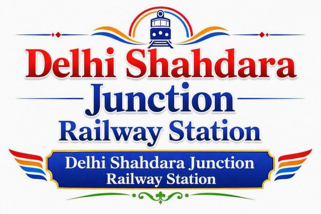 Delhi Shahdara Junction Railway Station Official graphic logo featuring stacked typography with "Delhi Shahdara" in bold gradient red and "Junction Railway Station" in gradient blue, topped with a small train icon under an arched flourish and a bottom blue banner reading "Delhi Shahdara Junction Railway Station" framed by colorful wing motifs on a white background.