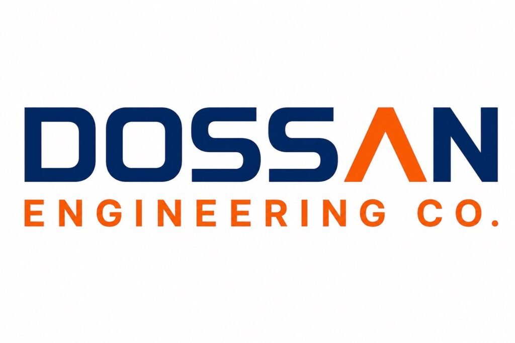 Official logo graphic for Dossan Engineering Co. featuring large dark blue block lettering with an orange stylized caret-like "A" above "ENGINEERING CO." in orange sans-serif typography on a white background.