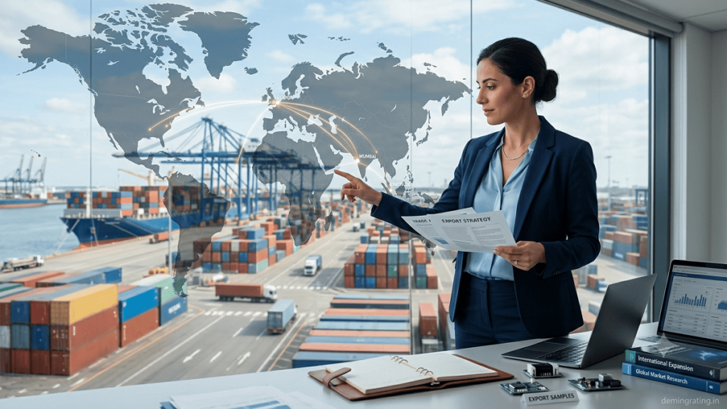 Export consultant planning international market expansion with global trade and logistics strategy