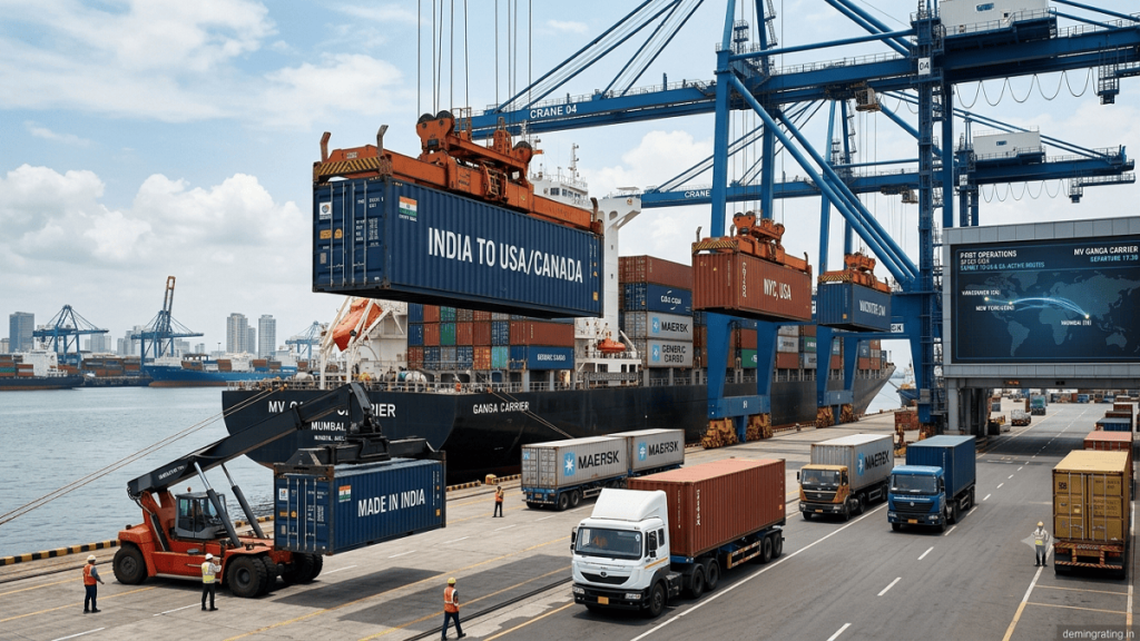 Indian export containers being prepared for shipment to the United States and Canada at a modern cargo terminal.