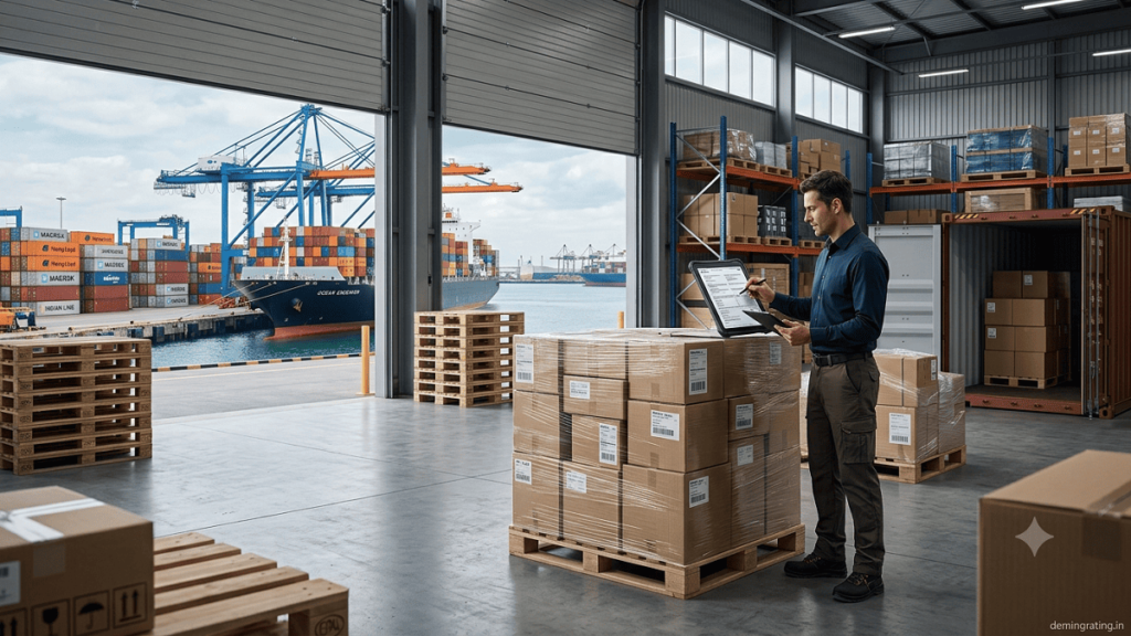 Professional export manager coordinating international shipments in a warehouse near a busy cargo port.