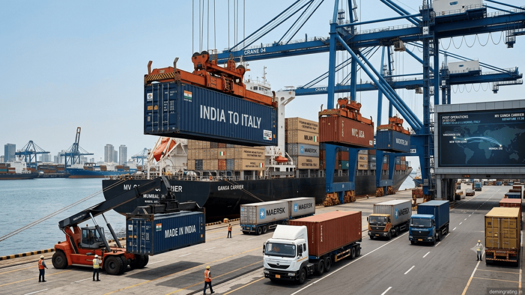 Indian export containers prepared for shipment to Italy at a modern cargo terminal.