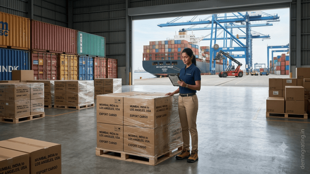 Professional export manager coordinating international shipments in a warehouse near a busy cargo port.