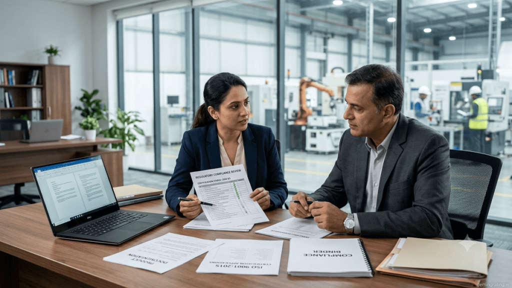 Regulatory compliance professional reviewing business documents and certifications with an executive