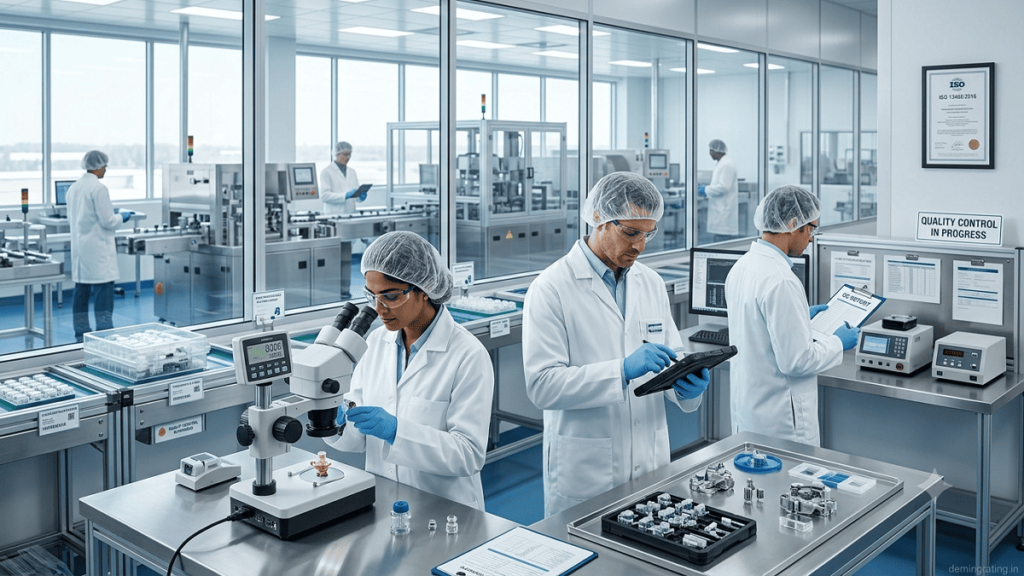 Quality engineers inspecting medical devices in a controlled manufacturing facility for ISO 13485 compliance.