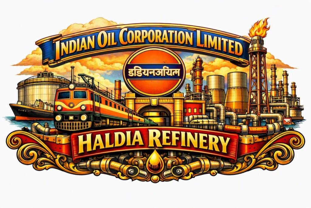Indian Oil Corporation Limited Haldia Refiner Vintage-style illustrated emblem featuring an arched blue header reading "INDIAN OIL CORPORATION LIMITED" above the official IndianOil logo, crude storage tanks, a freight train, oil tankers, refinery stacks, a burning flare tower, and a red banner reading "HALDIA REFINERY."