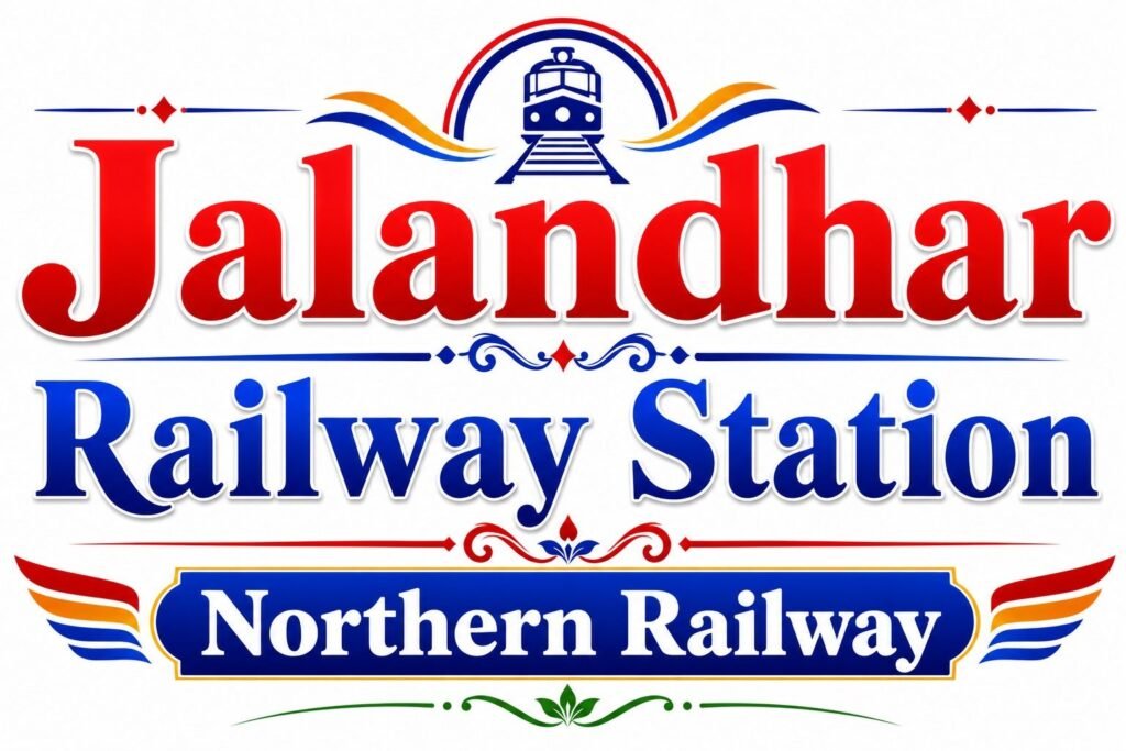 Jalandhar Railway Station, Northern Railway Official graphic logo featuring stacked typography with "Jalandhar" in bold gradient red and "Railway Station" in gradient blue, topped with a small train icon under a arched flourish and a bottom blue banner reading "Northern Railway" framed by colorful wing motifs on a white background.