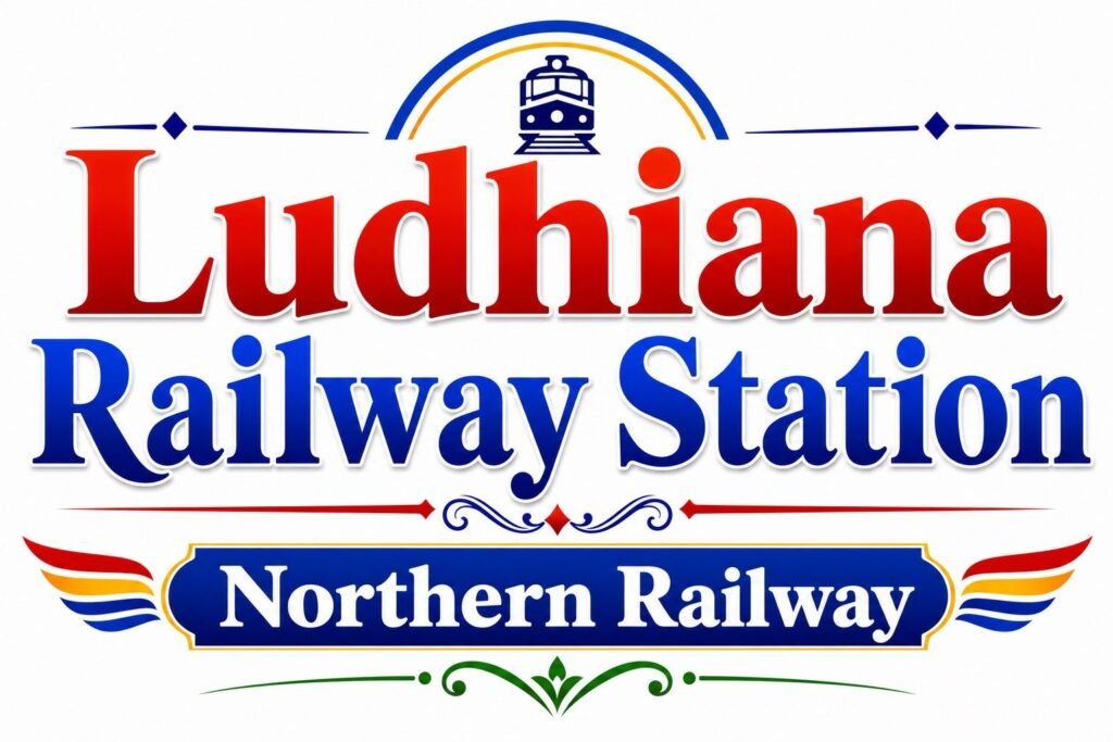Ludhiana Railway Station, Northern Railway Official graphic logo featuring stacked typography with "Ludhiana" in bold gradient red and "Railway Station" in gradient blue, topped with a small train icon under a blue-yellow arch and bottom banner reading "Northern Railway" framed by colorful wing motifs on a white background.