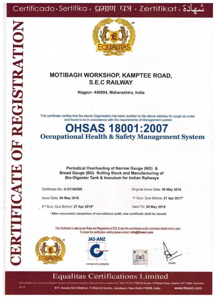 Certificate of Registration issued by Equalitas Certifications Limited certifying Motibagh Workshop, Kamptee Road, S.E.C Railway, Nagpur for OHSAS 18001:2007 Occupational Health & Safety Management System compliance, featuring golden Equalitas crest logos, JAS-ANZ accreditation seals, and maroon border headers.