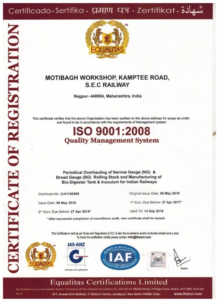 Certificate of Registration issued by Equalitas Certifications Limited certifying Motibagh Workshop, Kamptee Road, S.E.C Railway, Nagpur for ISO 9001:2008 Quality Management System compliance, featuring golden Equalitas crest logos, JAS-ANZ and IAF accreditation seals, and maroon border headers.
