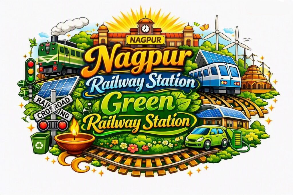 Nagpur Railway tation, Green Railway Station Vibrant eco-themed illustration featuring stacked text reading "Nagpur Railway Station Green Railway Station" surrounded by a green electric locomotive, solar-powered modern train, wind turbines, solar panels, EV charging station, and railway tracks.
